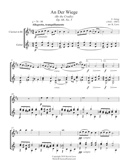 An der Wiege (By the Cradle), Op. 68 No. 5  (Clarinet and Guitar) - Score and Parts (arr. Kevin Love)