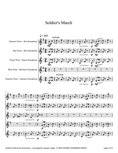 Soldier's March by Schumann for Saxophone Quartet in Schools (arr. Joseph Judge)