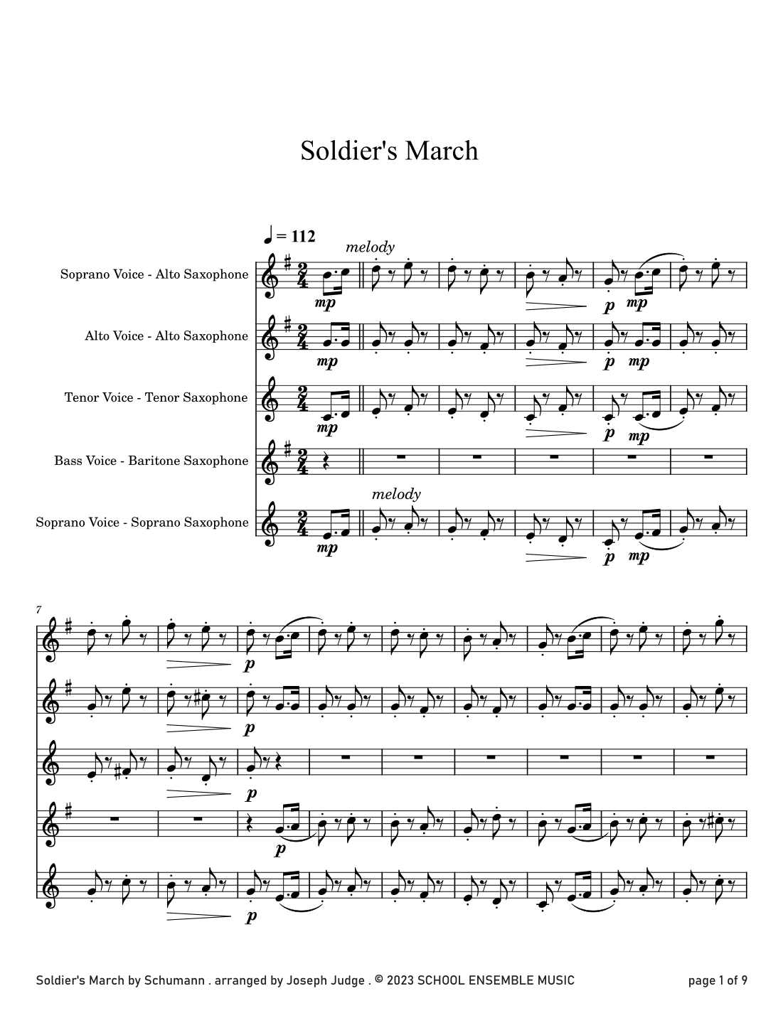 Soldier's March by Schumann for Saxophone Quartet in Schools (arr. Joseph Judge)