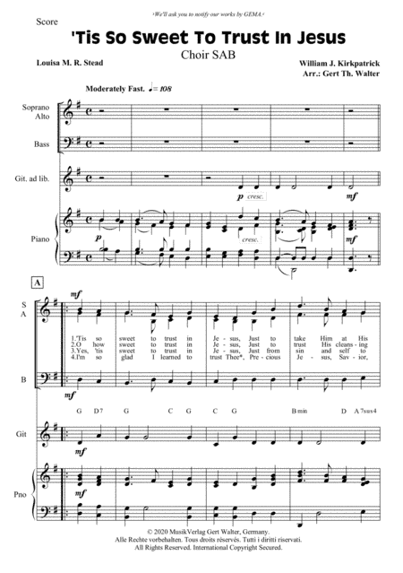 'Tis So Sweet To Trust In Jesus (arr. Gert Th. Walter)