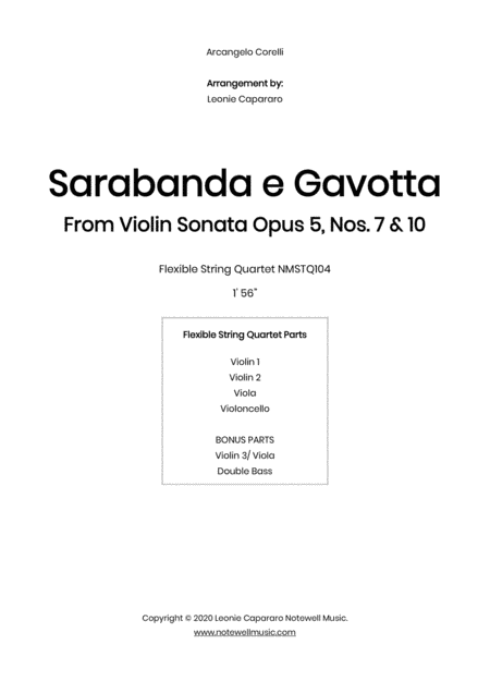 Sarabanda e Gavotta Opus 5, Nos. 7 & 10 by Corelli (Flexible string quartet) (arr. Leonie Capararo)
