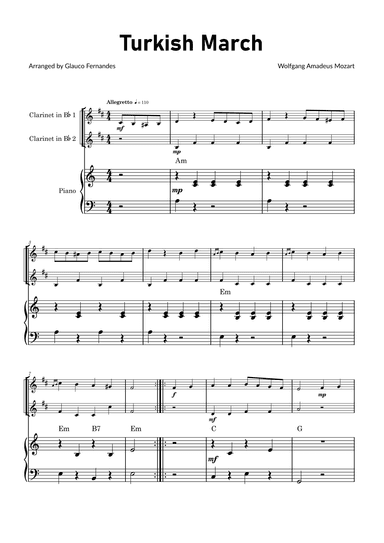 Turkish March by Mozart - Clarinet Duet with Piano and Chord Notations (arr. Glauco Fernandes)