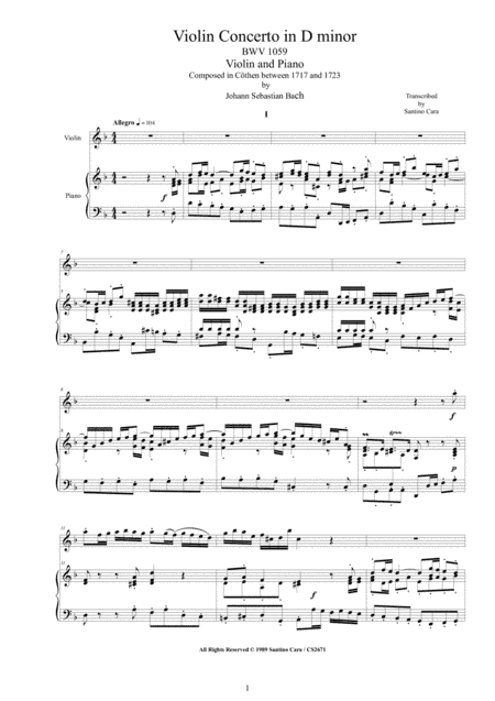 Bach - Violin Concerto in D minor BWV 1059 for Violin and Piano (arr. Santin o Cara)