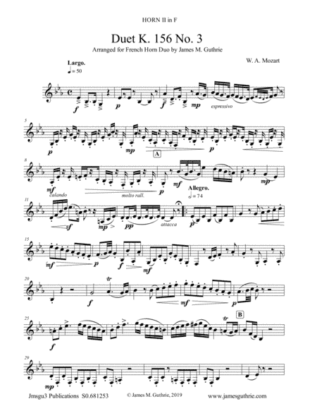 Mozart: Duet K. 156 No. 3 for French Horn Duo (arr. James M. Guthrie, ASCAP)