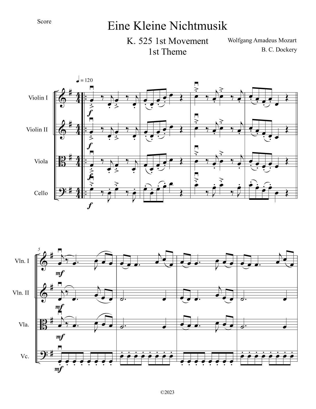 Eine Kleine Nachtmusik (A Little Night Music) for String Quartet (arr. B. C. Dockery)