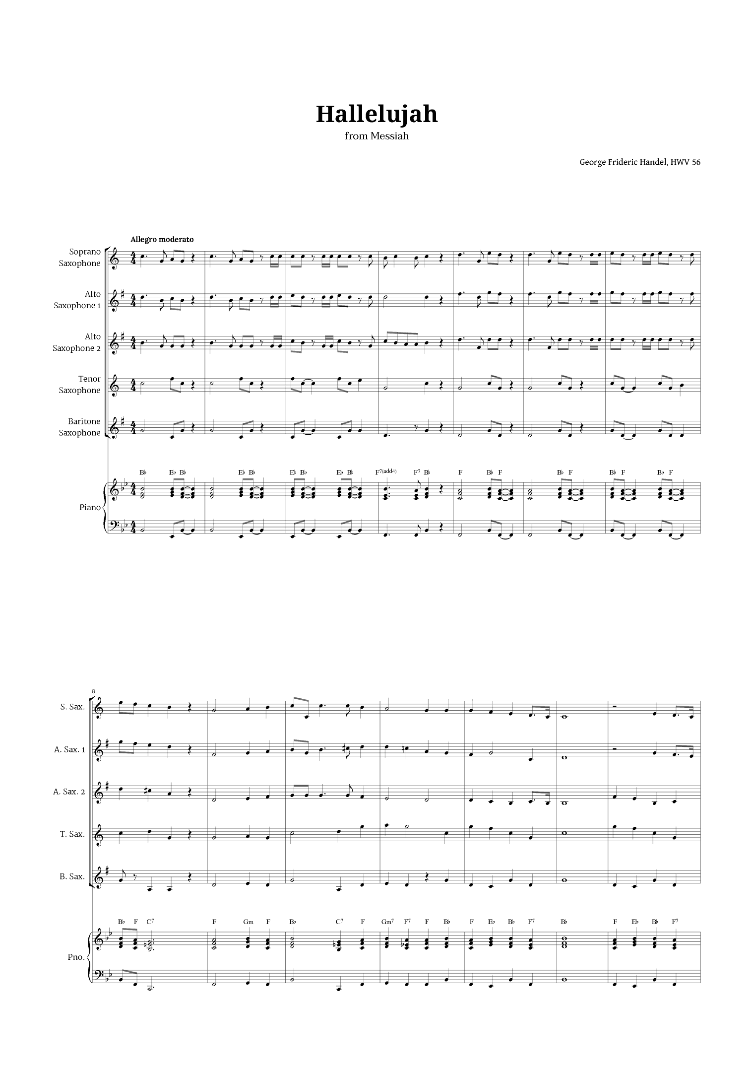 Hallelujah by Handel for Sax Quintet and Piano (arr. Langanho)