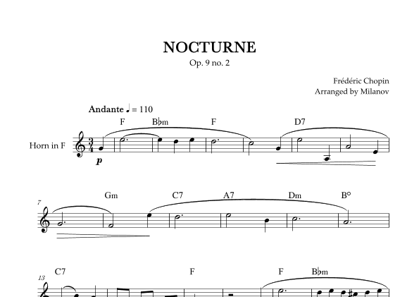 Chopin Nocturne op. 9 no. 2 | Horn in F | F Major | Chords | Easy beginner (arr. Milanov)