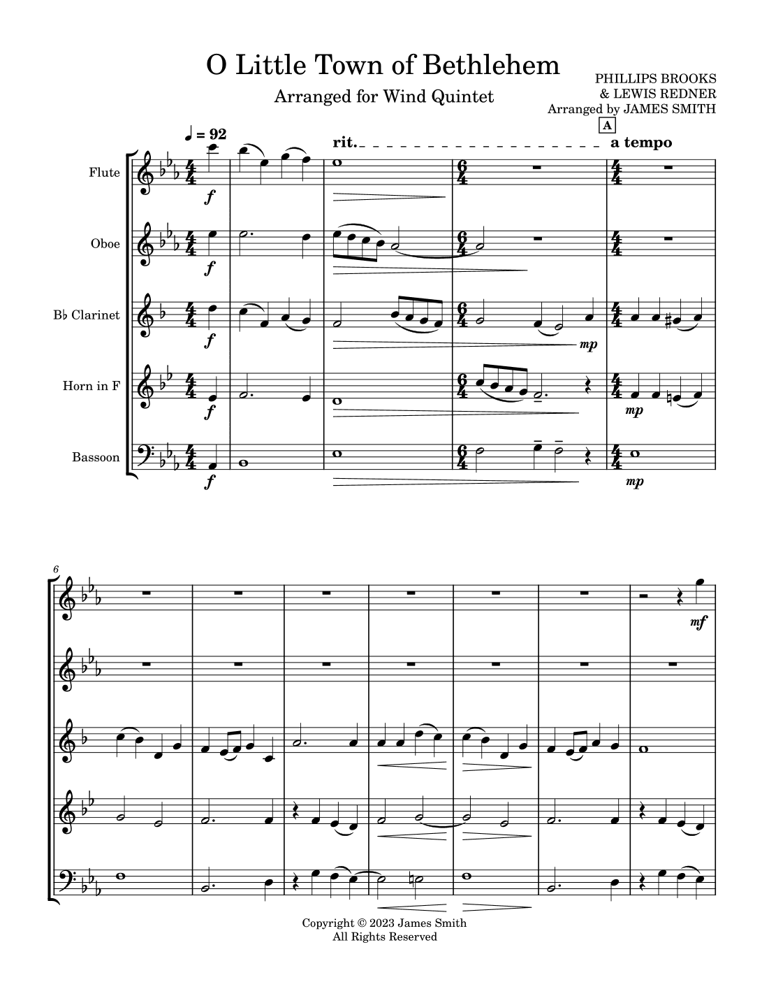 O Little Town of Bethlehem for Wind Quintet (arr. James Smith)