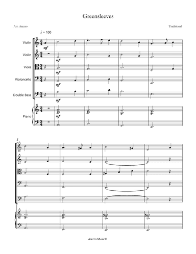 greensleeves for saxophone quintet and piano with chord symbols sheet music (arr. Arezzo Music)