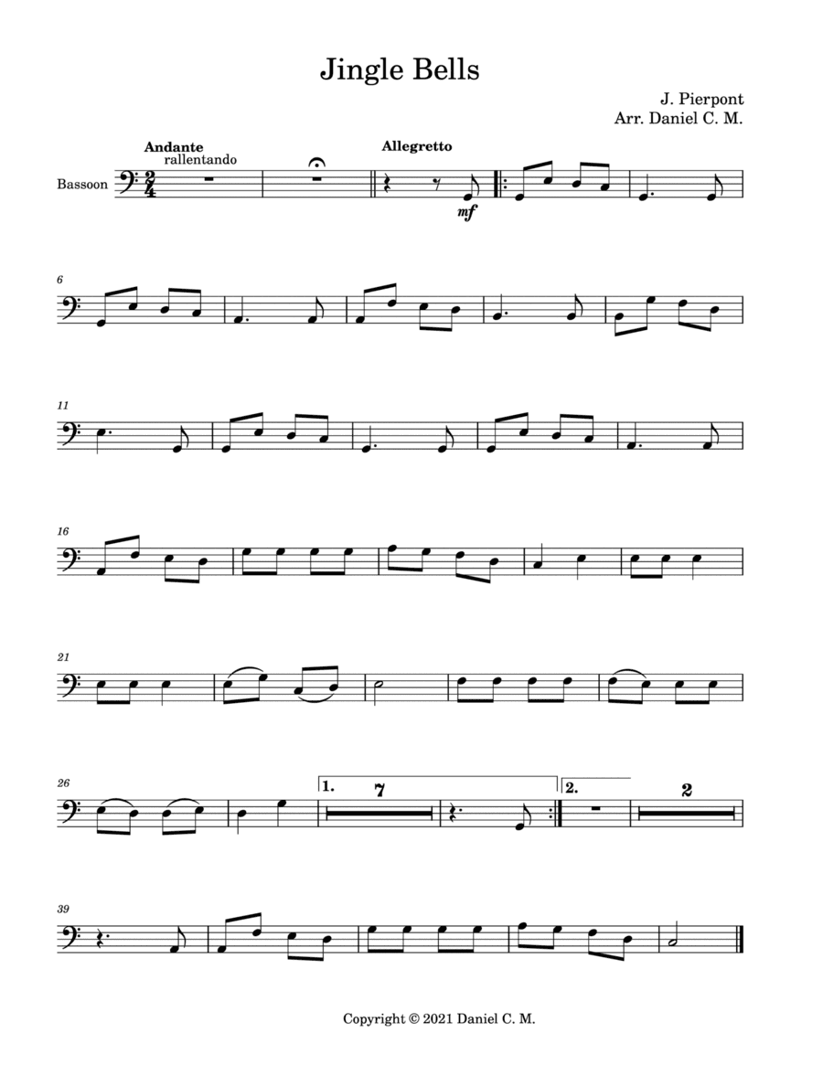 Jingle Bells for bassoon and piano (easy) (arr. Daniel C. M.)