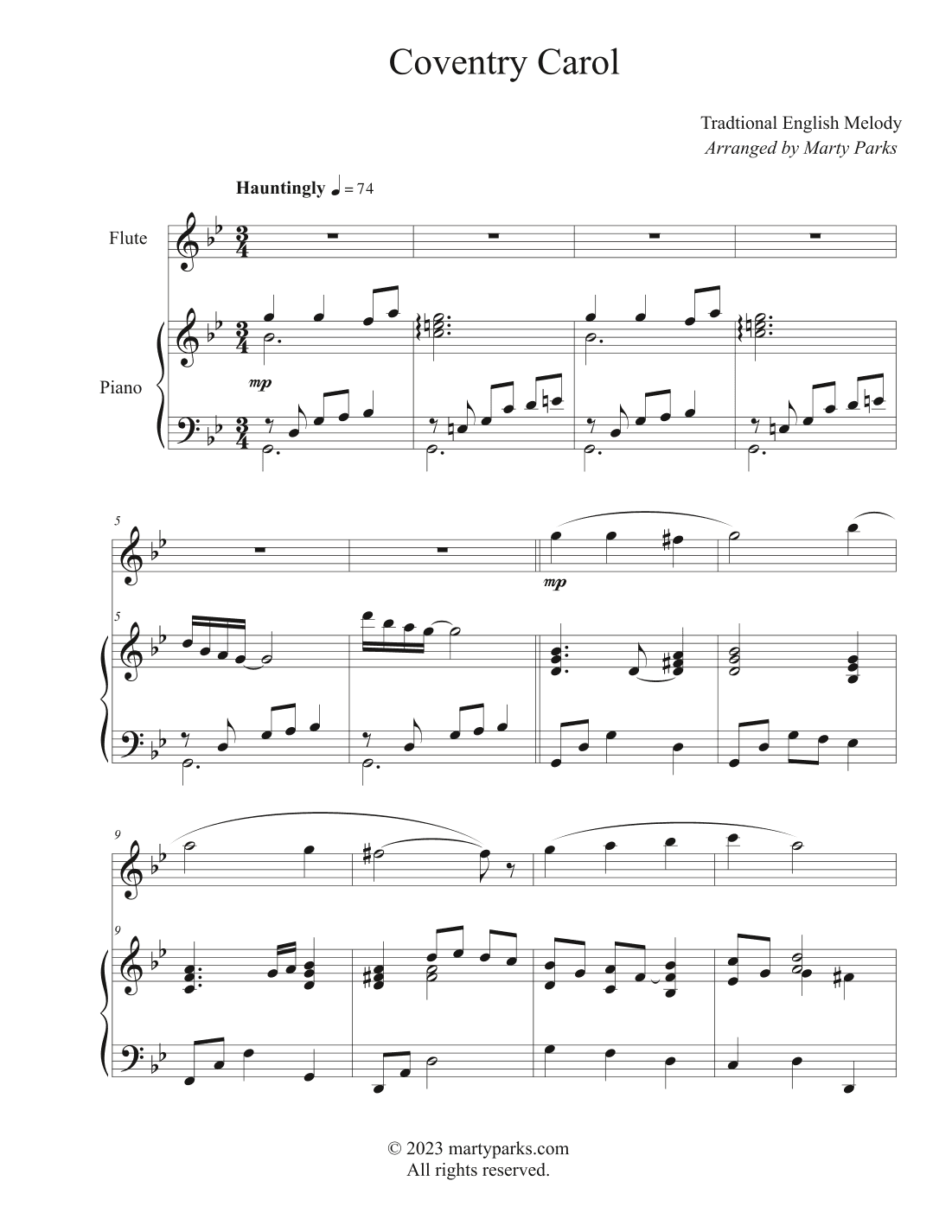 Coventry Carol (Flute-Piano) (arr. Marty Parks)