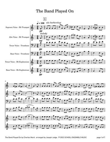 The Band Played On by Ward for Brass Quartet in Schools (arr. Joseph Judge)