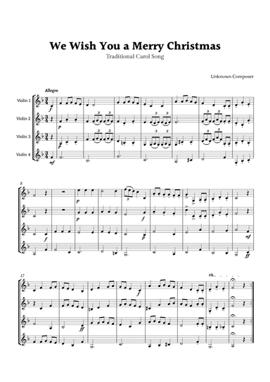 We Wish you a Merry Christmas for Violin Quartet (arr. Rika K.)