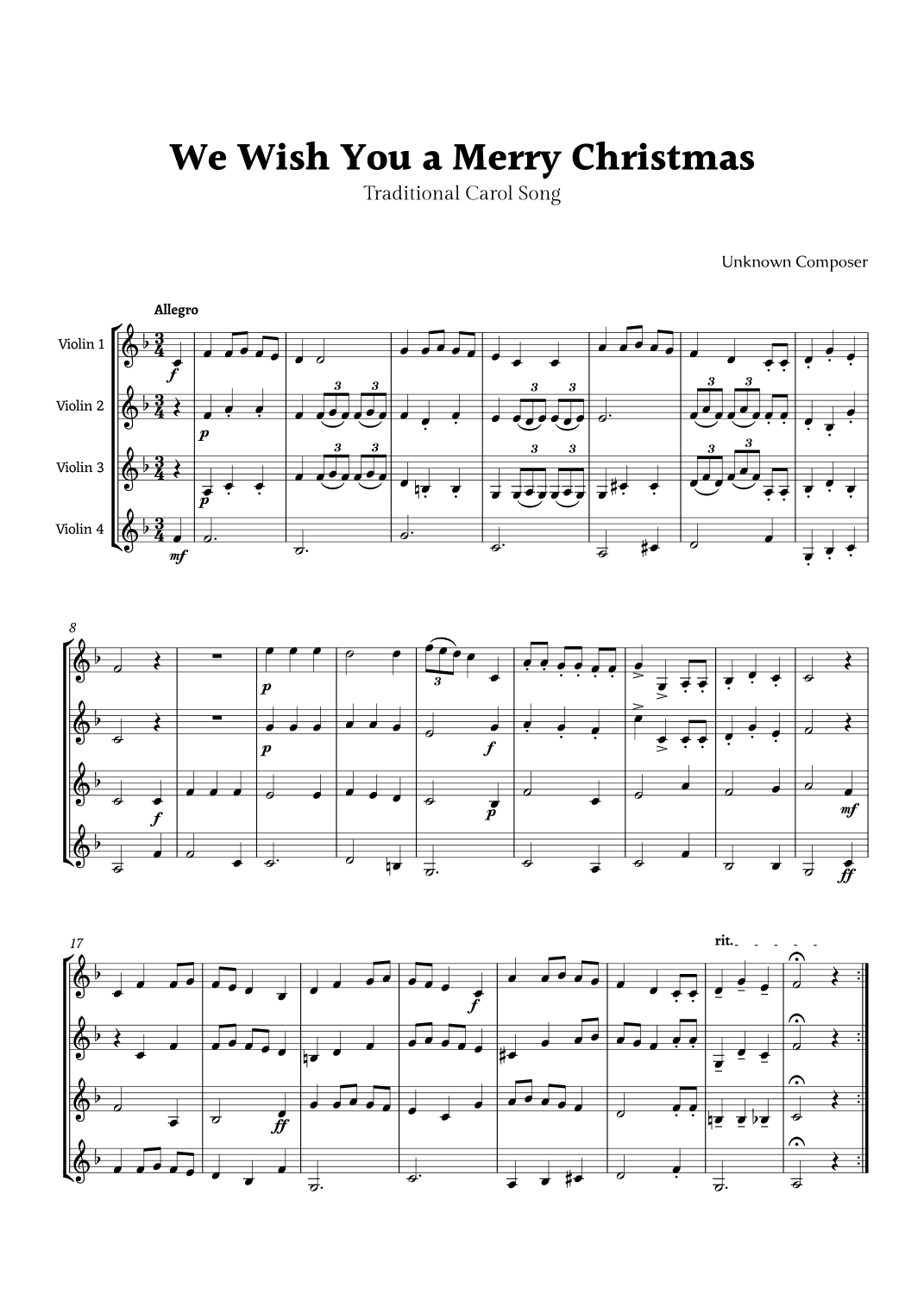 We Wish you a Merry Christmas for Violin Quartet (arr. Rika K.)