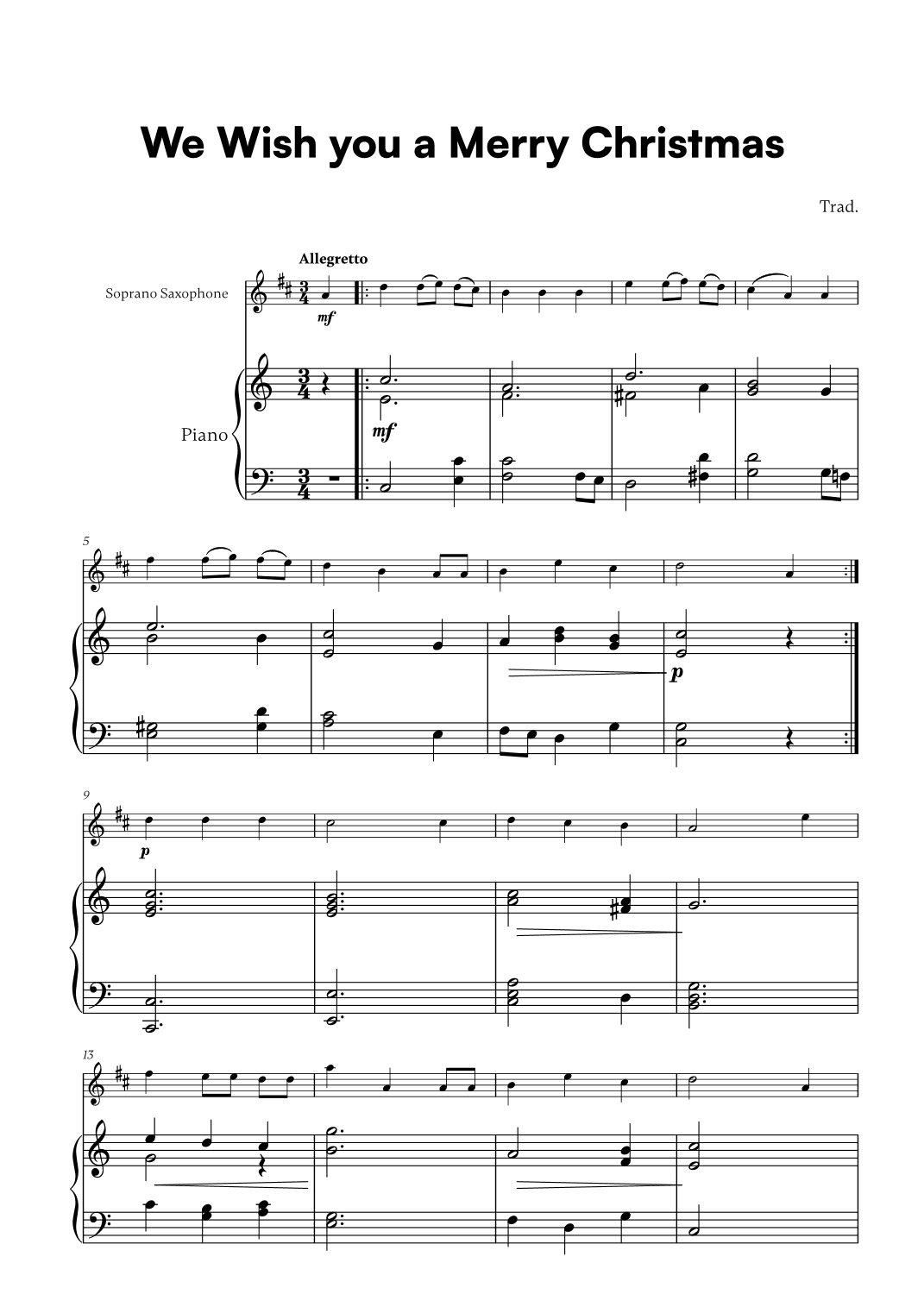 Trad. - We Wish you a Merry Christmas (for Soprano Saxophone and Piano) (arr. Cadenza Editions)