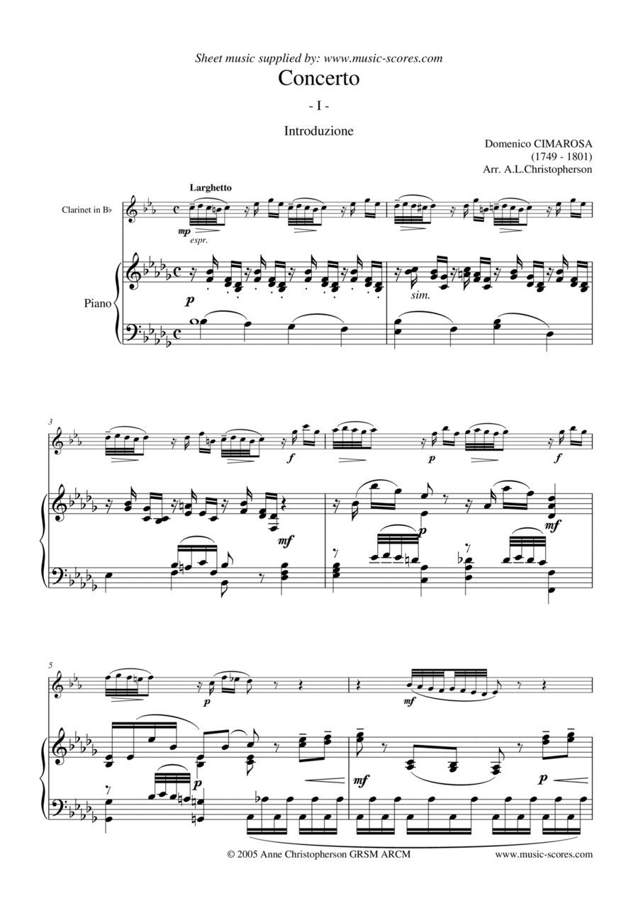 Cimarosa Larghetto - 1st movement from Oboe Concerto - Clarinet and Piano - Bb minor (arr. Anne L Christopherson GRSM ARCM)