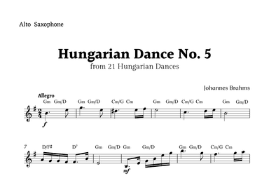 Hungarian Dance No. 5 by Brahms for Alto Sax Solo with Chords (arr. Rika K.)