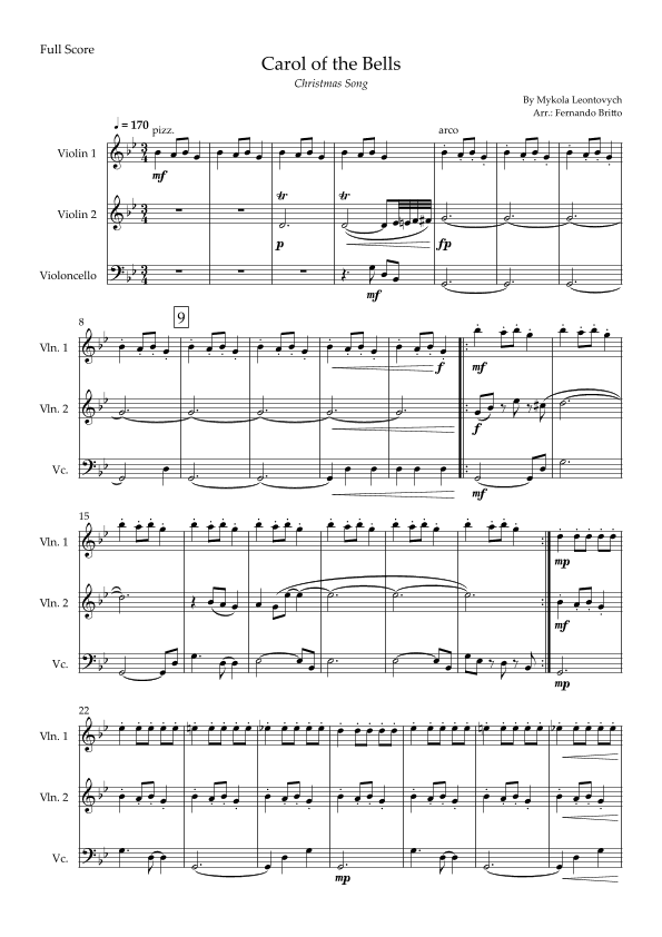 Carol of The Bells - Jazz Version (Christmas Song) for String Trio (arr. Fabio Britto)