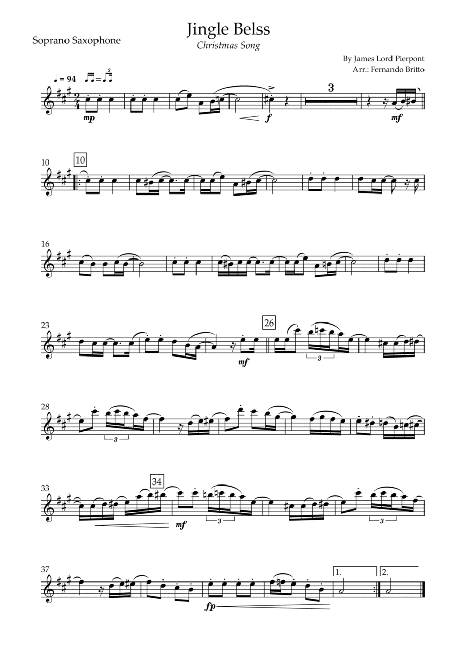 Jingle Bells - Jazz Version (Christmas Song) for Soprano Saxophone Solo (arr. Fernando Britto)