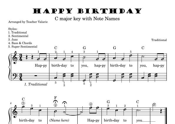 Happy Birthday with note names, chords and suggested left hand accompaniment (arr. Teacher Valarie)
