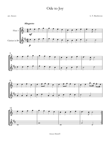 ode to joy for flute and clarinet sheet music for beginners in c (arr. Arezzo Music)