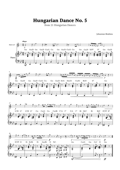 Hungarian Dance No. 5 by Brahms for Horn in F and Piano with Chords (arr. Rika K.)