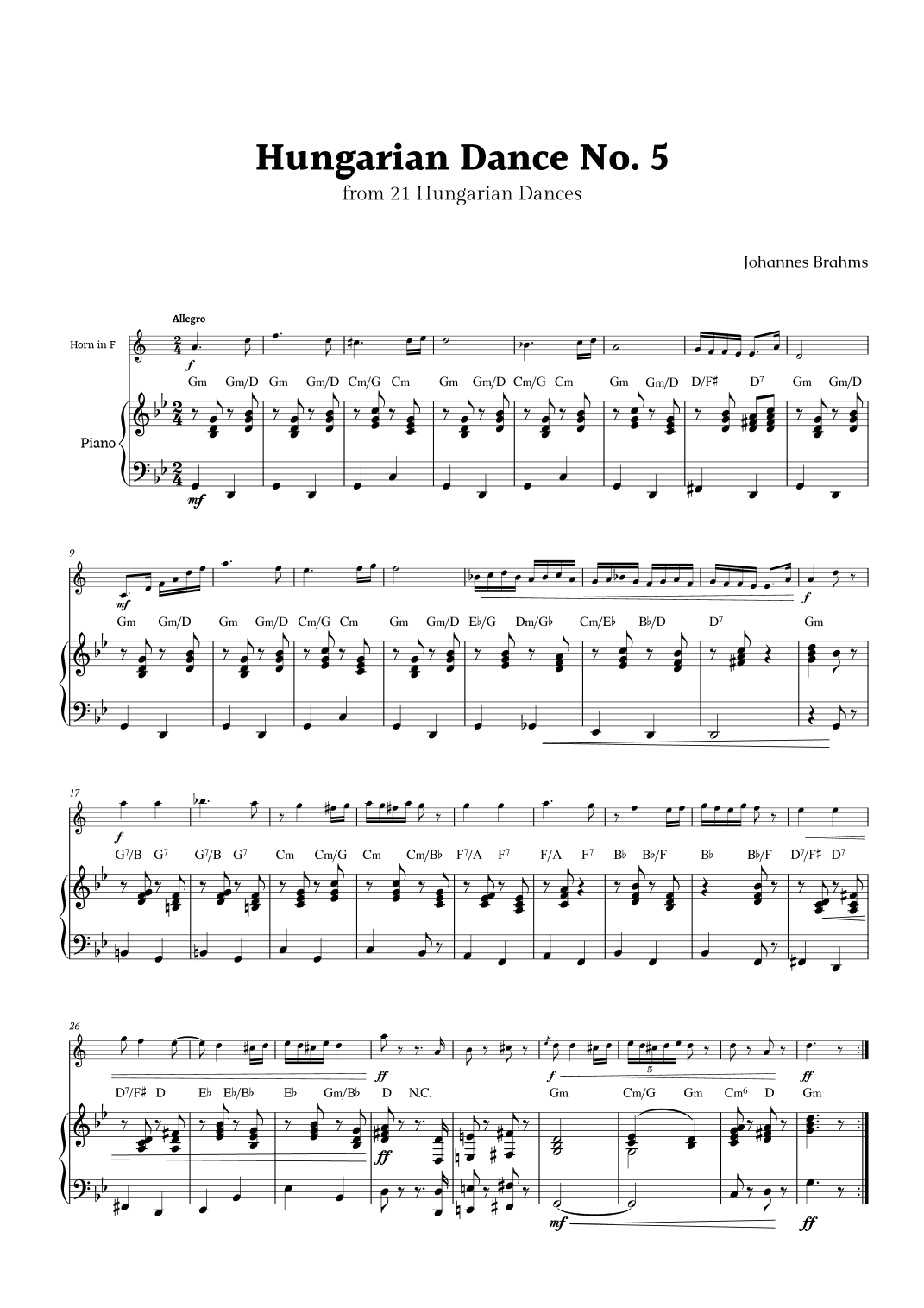 Hungarian Dance No. 5 by Brahms for Horn in F and Piano with Chords (arr. Rika K.)