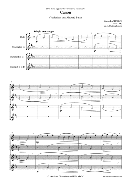 Pachelbel's Canon - Flute, Clarinet, 2 Trumpets - easy (arr. Anne L Christopherson GRSM ARCM)