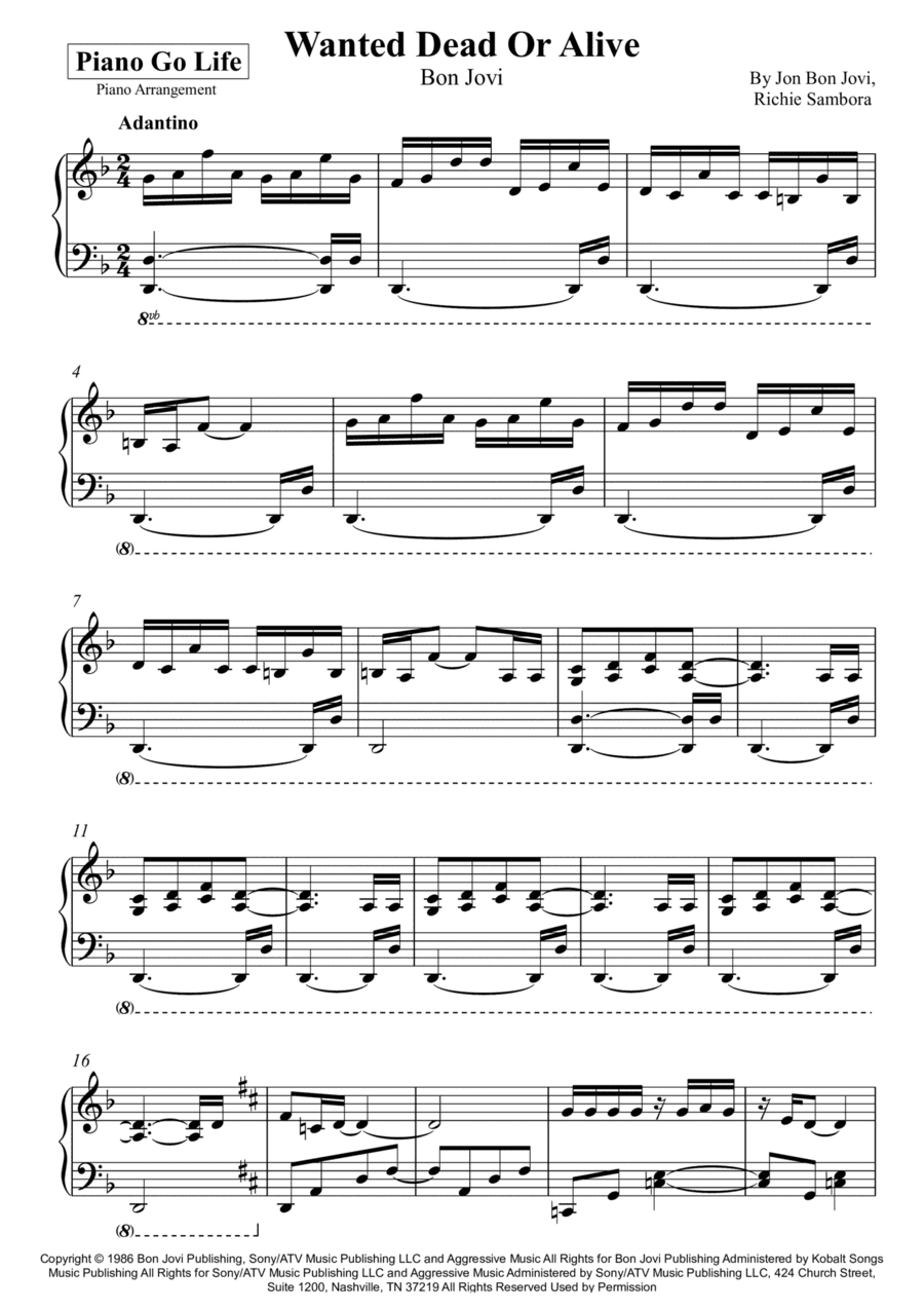 Wanted Dead Or Alive (arr. Piano Go Life)