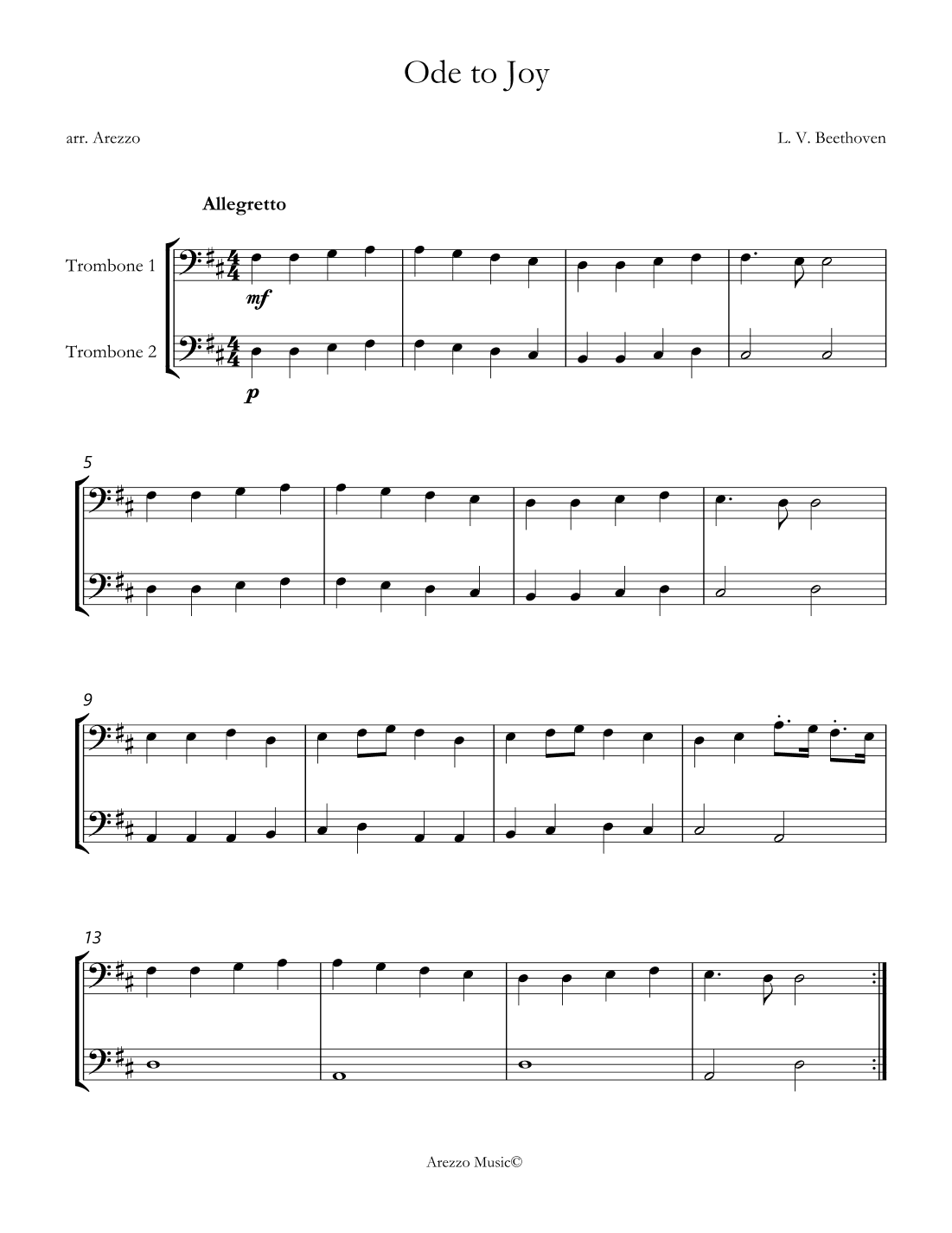 ode to joy trombone duo for beginners arezzo sheet music engraver (arr. Arezzo Music)