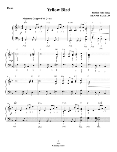Yellow Bird - Haitian Folk Song - Intermediate Piano Solo (arr. Dennis Ruello)