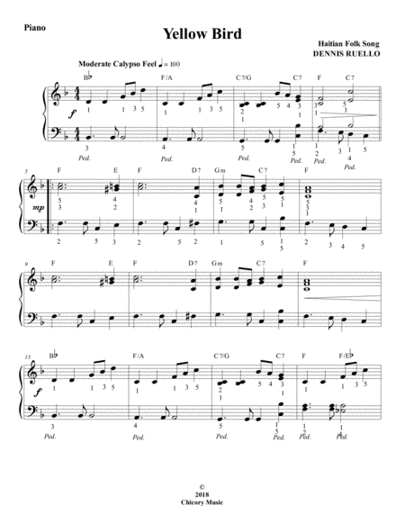 Yellow Bird - Haitian Folk Song - Intermediate Piano Solo (arr. Dennis Ruello)