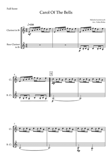 Carol Of The Bells (Mykola Leontovych) for Clarinet in Bb & Bass Clarinet in Bb Duo (arr. Fabio Britto)