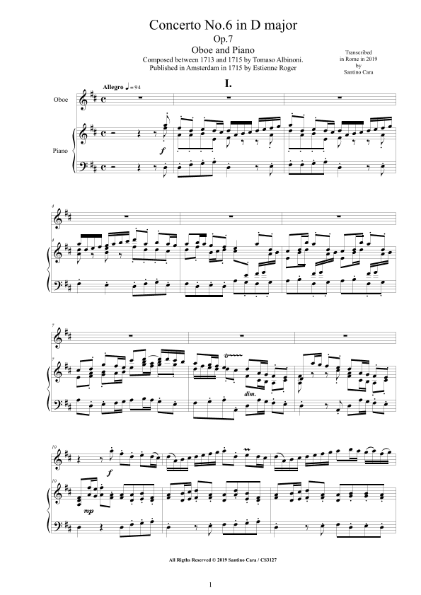 Albinoni - Oboe Concerto No.6 in D major Op.7 for Oboe and Piano (arr. Santino Cara)