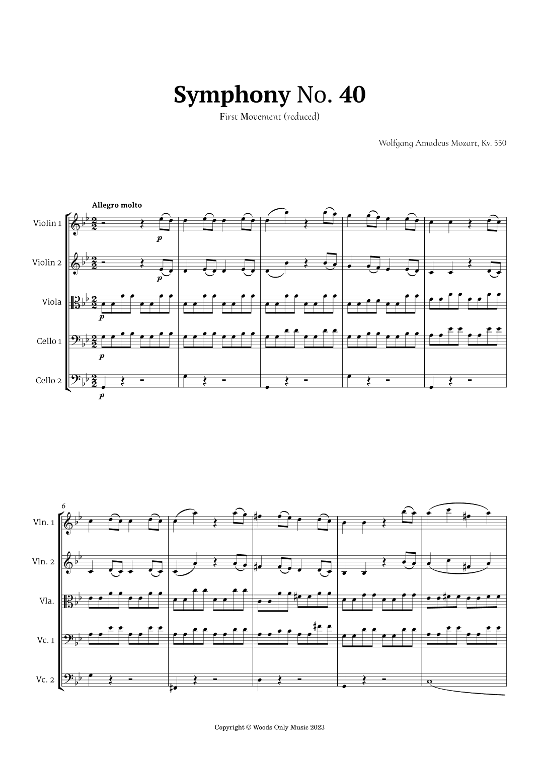 Symphony No. 40 by Mozart for String Quintet (arr. Ander)