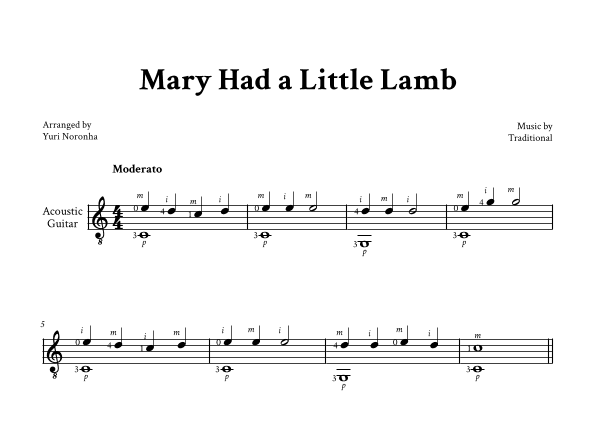 Mary Had a Little Lamb - Easy Classical Guitar (with Fingering) (arr. Yuri Noronha)
