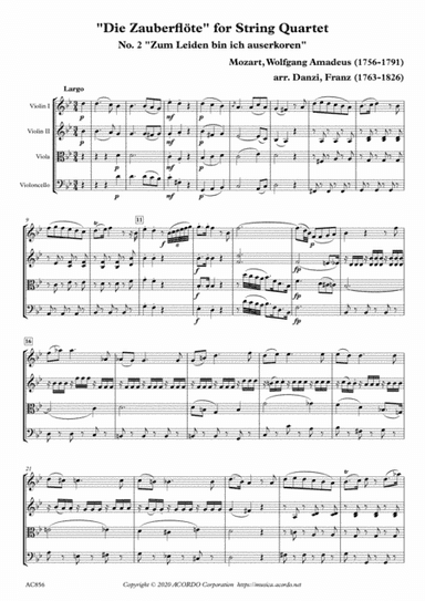 "Die Zauberflöte" for String Quartet, No. 2 "Zum Leiden bin ich auserkoren" (arr. Danzi, Franz Ignaz (1763-1826))