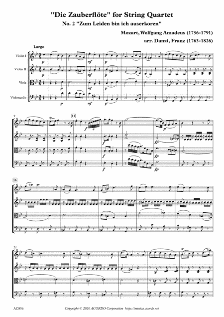 "Die Zauberflöte" for String Quartet, No. 2 "Zum Leiden bin ich auserkoren" (arr. Danzi, Franz Ignaz (1763-1826))