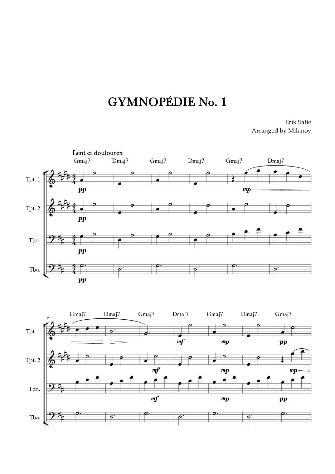 Gymnopédie no 1 | Brass Quartet | Original Key | Chords | Easy intermediate (arr. Milanov)