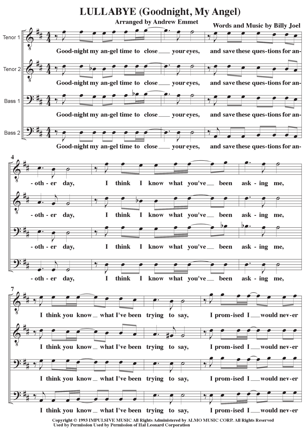 Lullabye (goodnight, My Angel) (arr. Andrew Emmet)