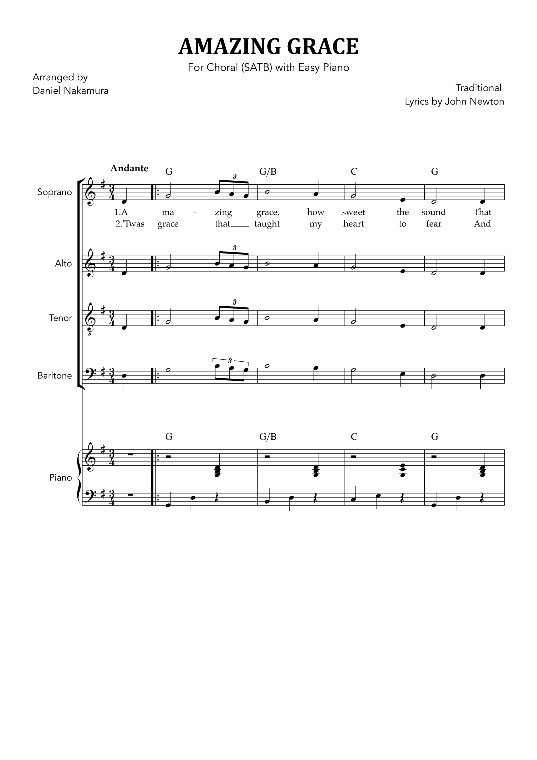 Amazing Grace (for Choral SATB with Easy Piano) (arr. Daniel Nakamura)