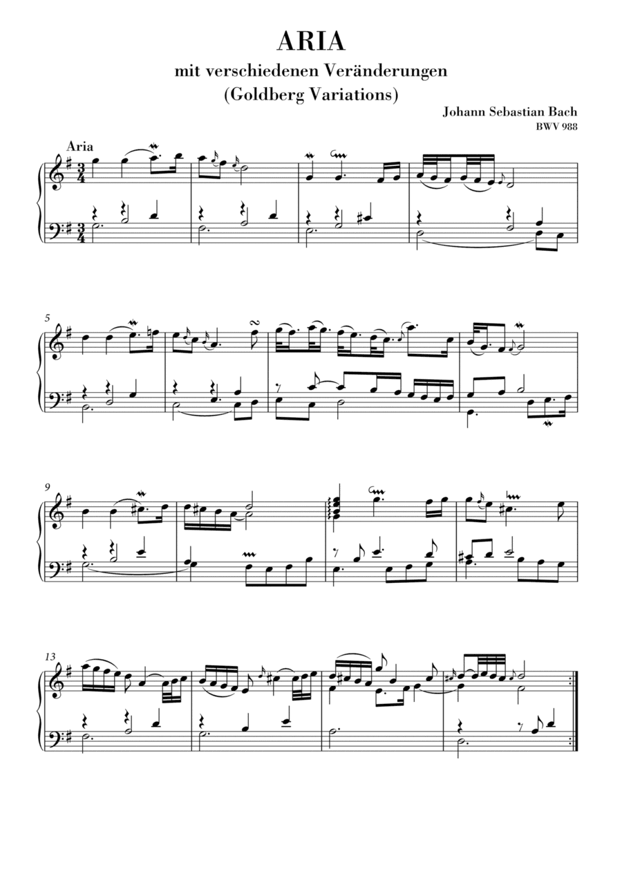 Bach - Goldberg Variations, Aria BWV 988 (Original Version) (arr. Ahiva Editions)
