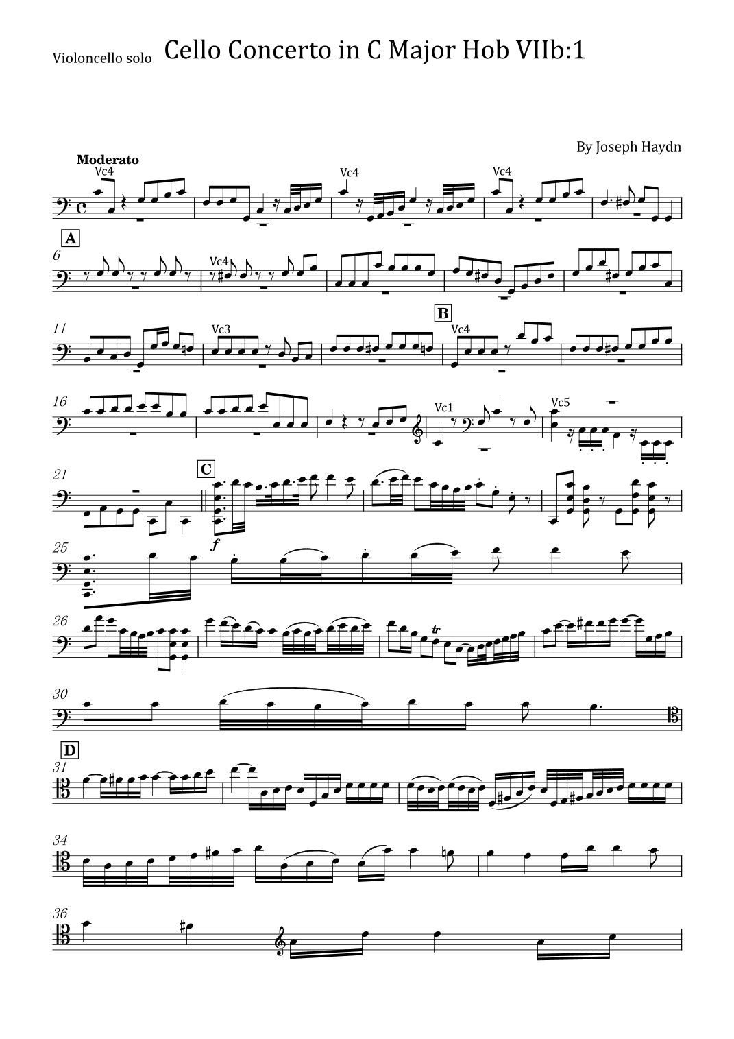 Haydn - Cello Concerto No.1 in C major, Hob.VIIb:1 - For Solo Cello - Full Score Original (arr. poon)