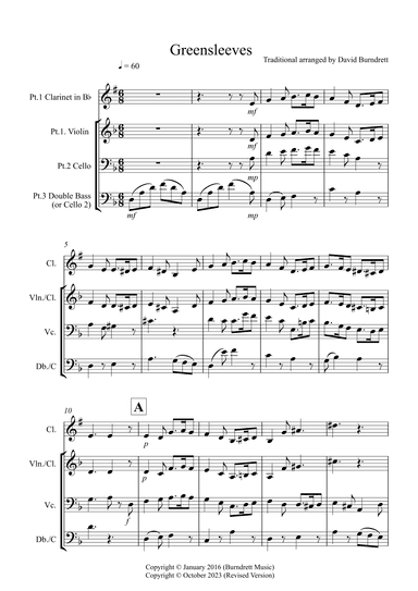 Greensleeves for Clarinet or Violin, Cello and Double Bass Trio (arr. David Burndrett)