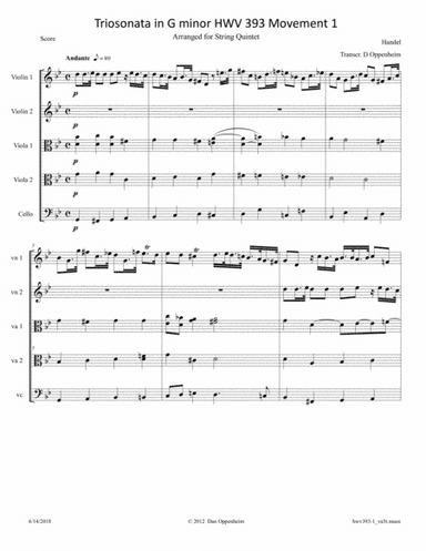 Handel: Triosonata in G minor HWV 393 Movement 1 Arranged for 2-Viola Quintet (arr. D Oppenheim)