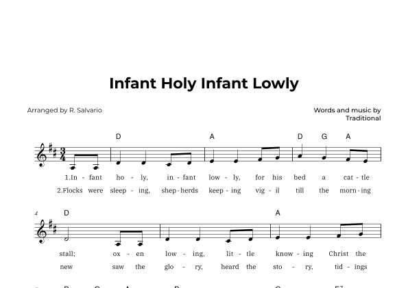 Infant Holy Infant Lowly (Key of D Major) (arr. R. Salvario)