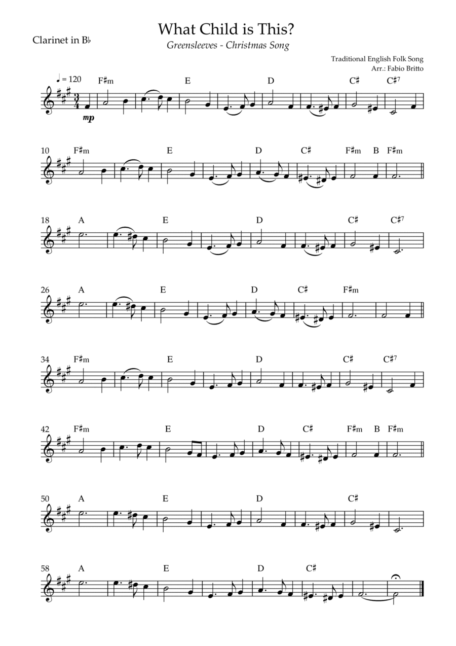 What Child is This? - Greensleeves (Christmas Song) for Clarinet in Bb Solo with Chords (arr. Fabio Britto)