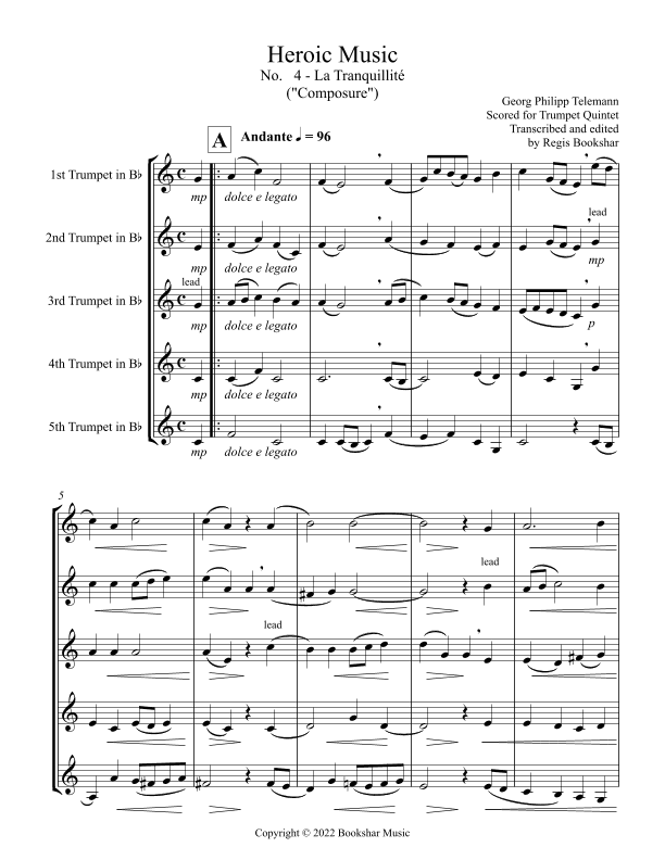 Heroic Music - No.   4. La Tranquillite (Bb) (Trumpet Quintet) (arr. Regis Bookshar)