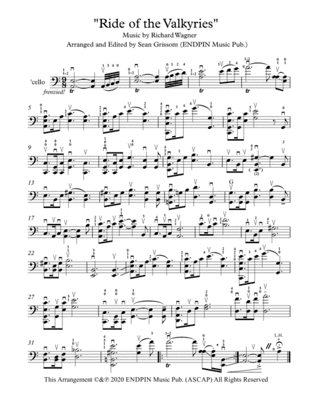 Ride of the Valkyries for solo cello (arr. Sean Grissom (ENDPIN Music Pub.))