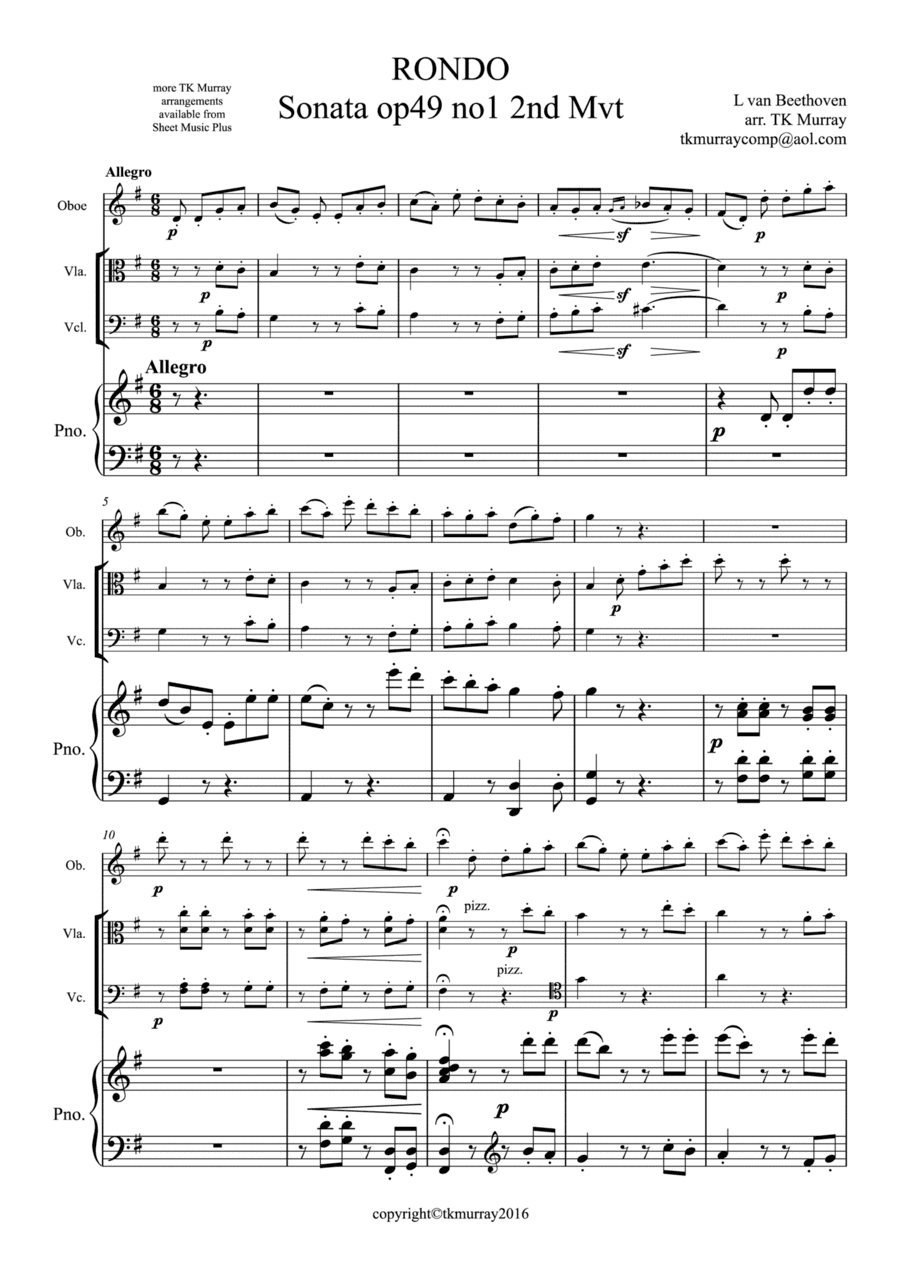 Beethoven - Rondo Op.49 - Oboe, Viola Cello  Piano, Piano Quartet (arr. TK Murray)